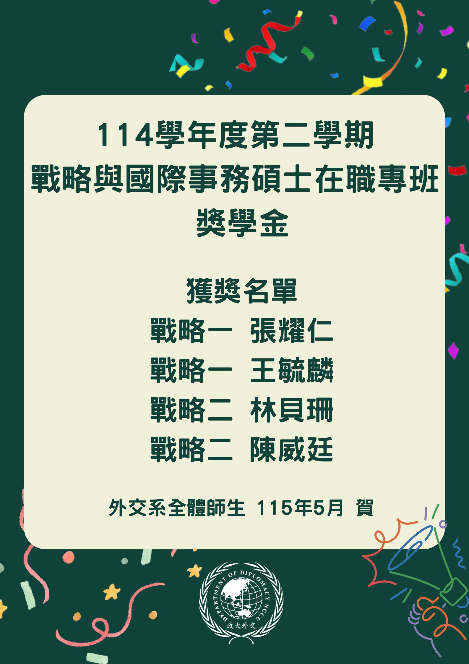 114學年度二學期戰略專班獎學金獲獎名單